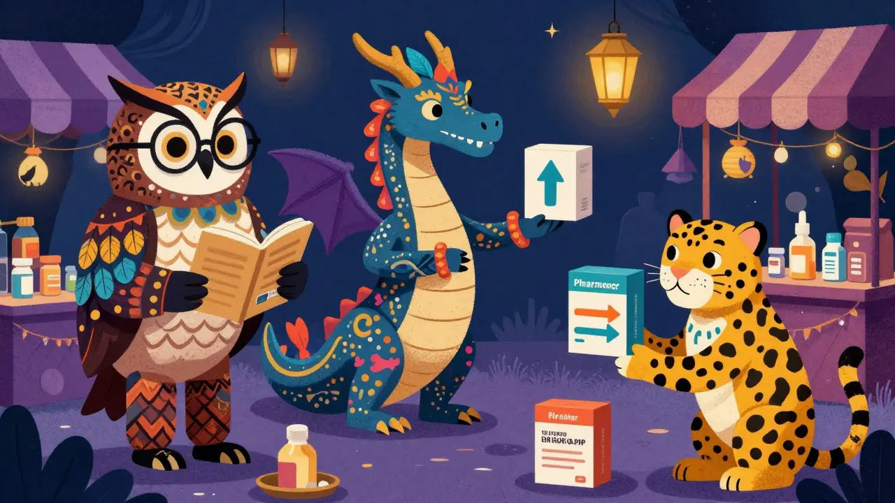Mythical creatures representing pharmacy options in Alebrije art style