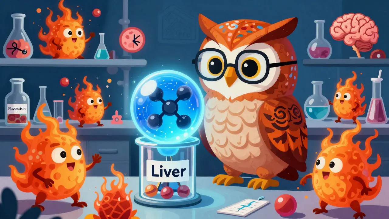 Owl alebrije comparing safe blue molecule to risky orange ones