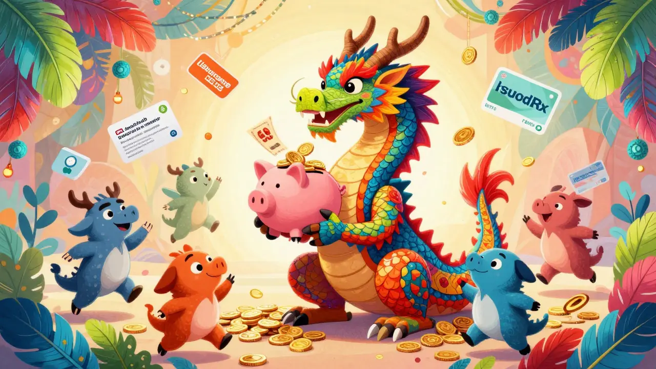 Rainbow alebrije dragon holding a piggy bank full of savings and coupons
