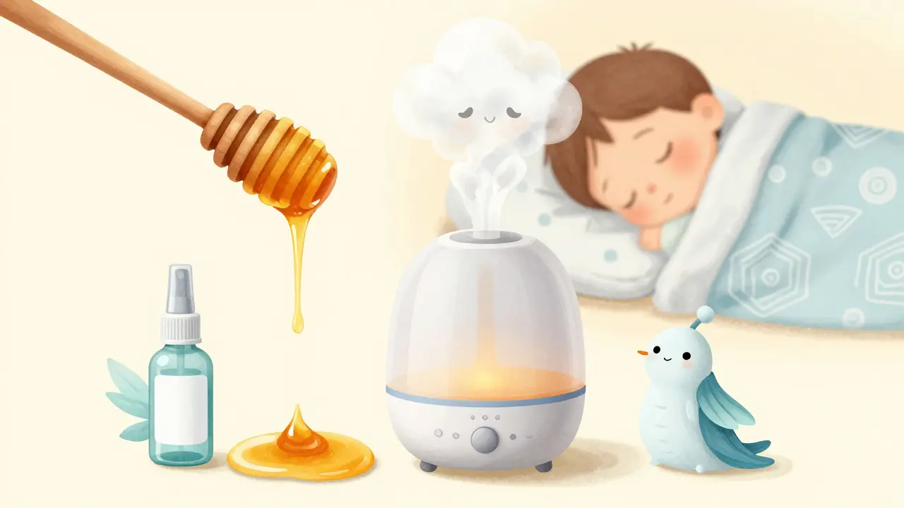Safe remedies like honey and humidifier shown as gentle alebrije figures in warm light