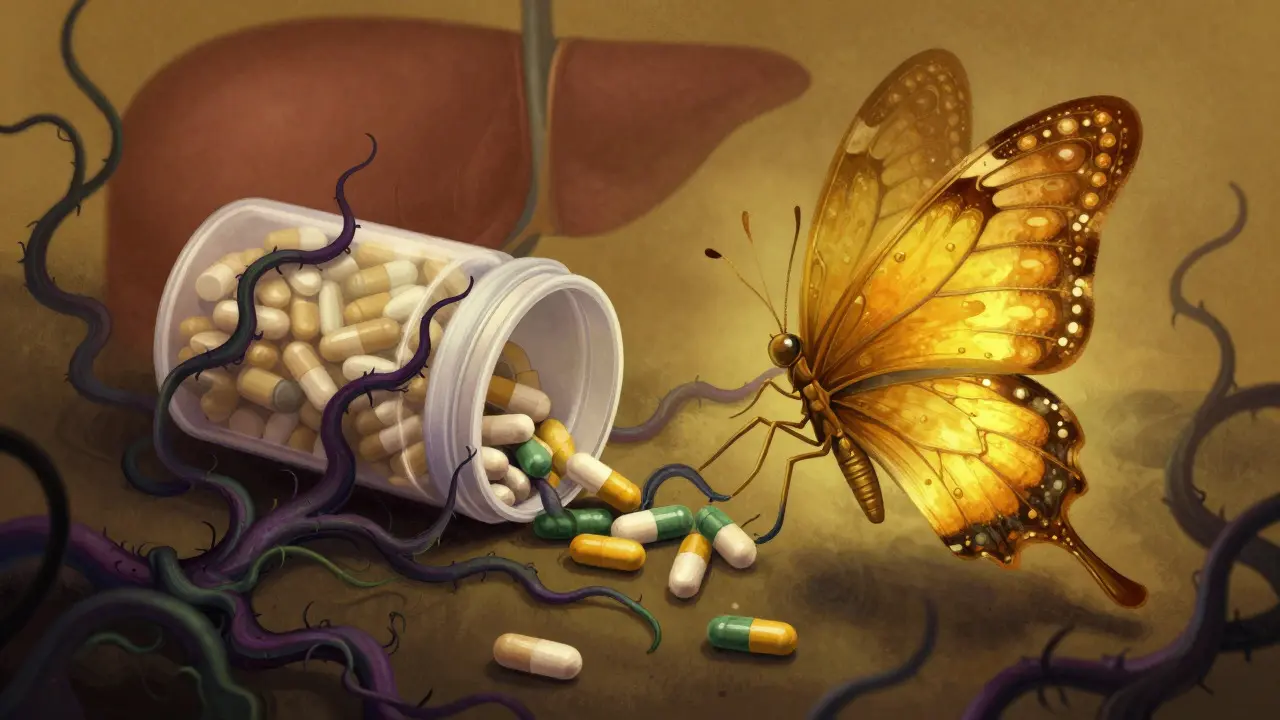 Shadowy vines threatening a butterfly-shaped pill container