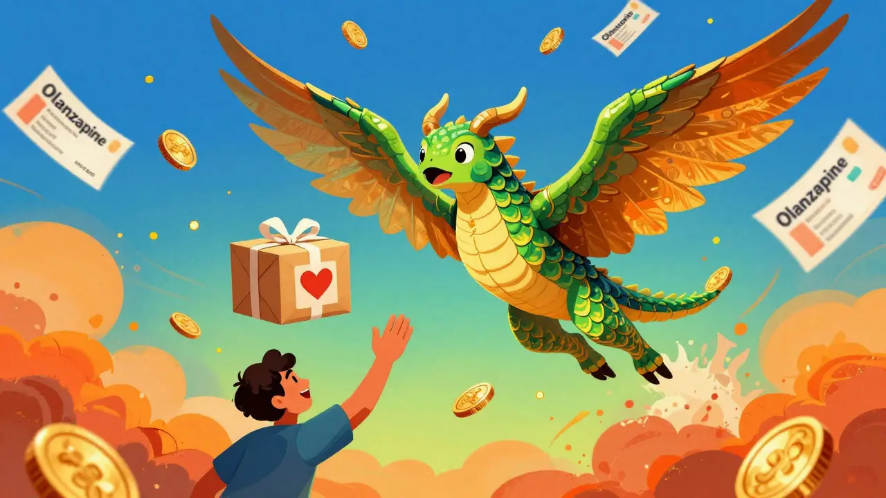 Vibrant Alebrije art of a mythical creature delivering medicine amidst falling savings coins.