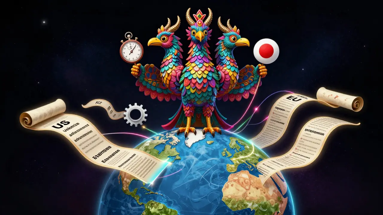 Vibrant Alebrije creature weaving a glowing tapestry over a globe to represent patent extensions.
