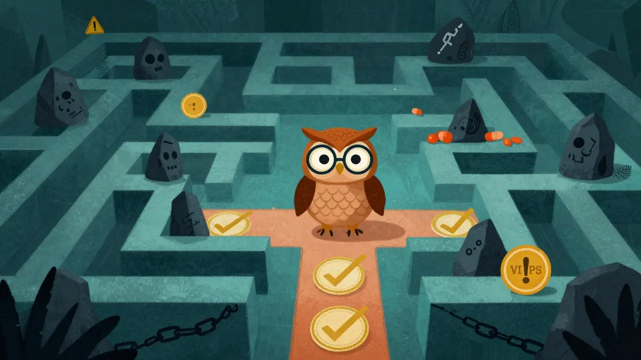 Wisdom owl guiding through a maze of safe vs scam paths