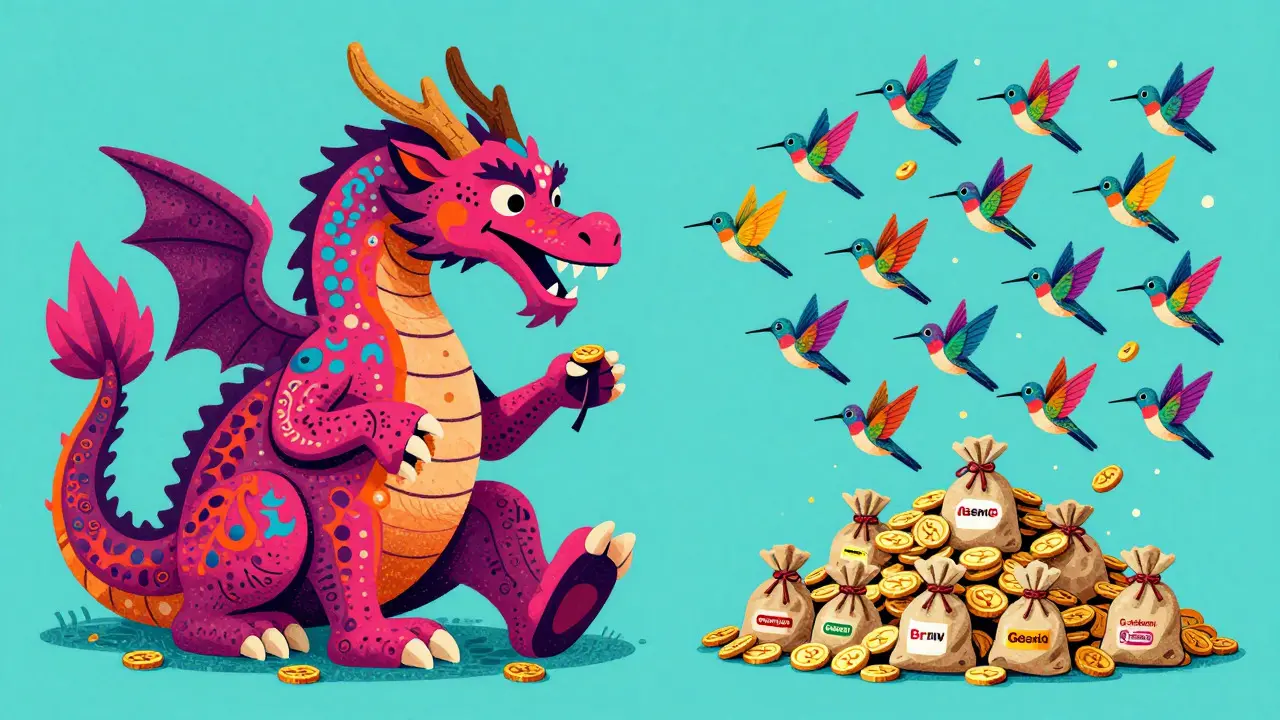 Colorful alebrije illustration contrasting slow brand drug profits with fast, high-volume generic drug sales.