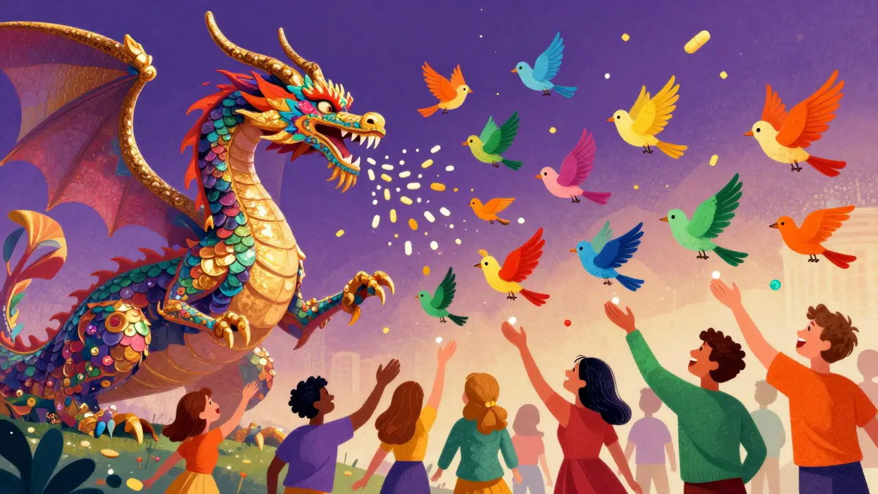 Colorful dragon shedding scales that turn into birds flying to happy people.