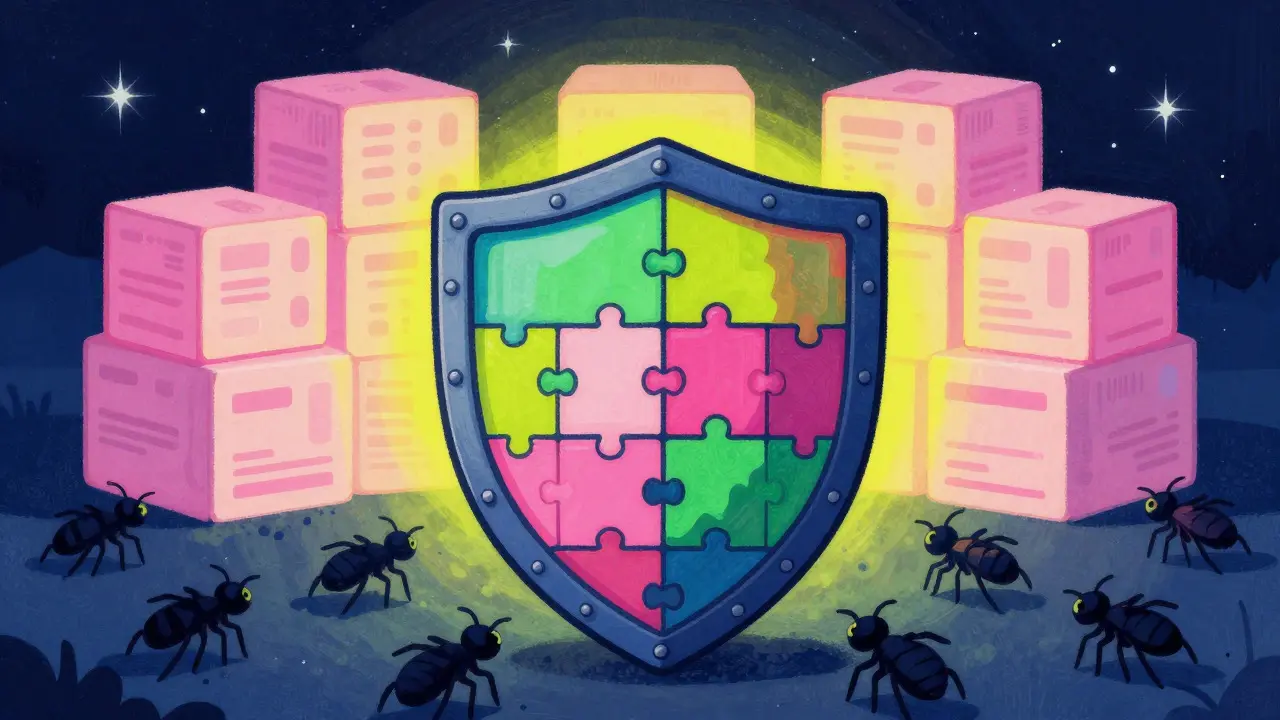 Colorful shield protecting a safe zone from dark insects in an alebrije art style