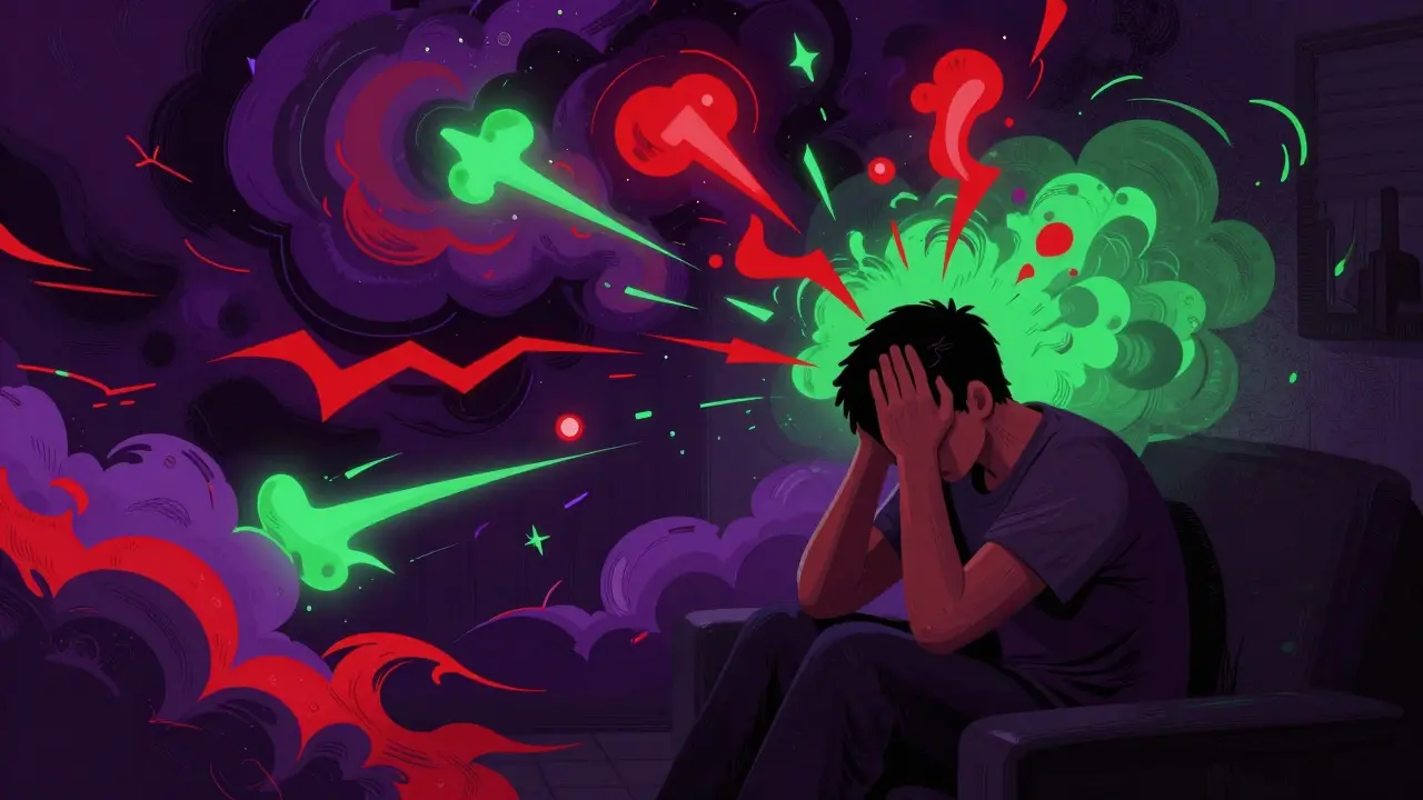 Figure in a dark room surrounded by swirling purple clouds representing migraine chaos.