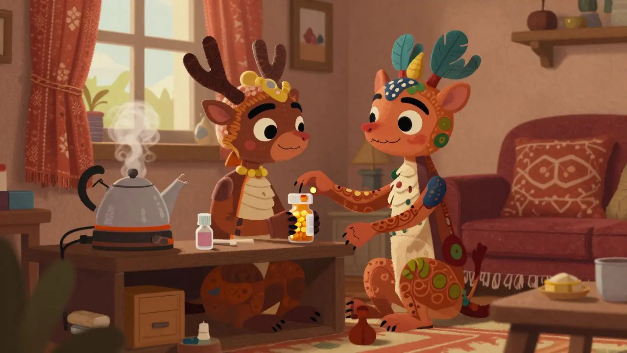 Friendly alebrije creature storing a pill bottle safely in a cozy room