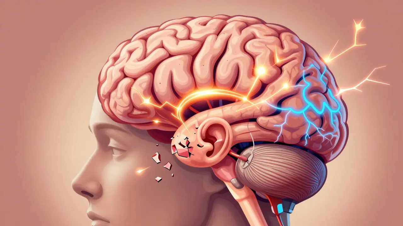Illustration of brain and ear connection causing tinnitus
