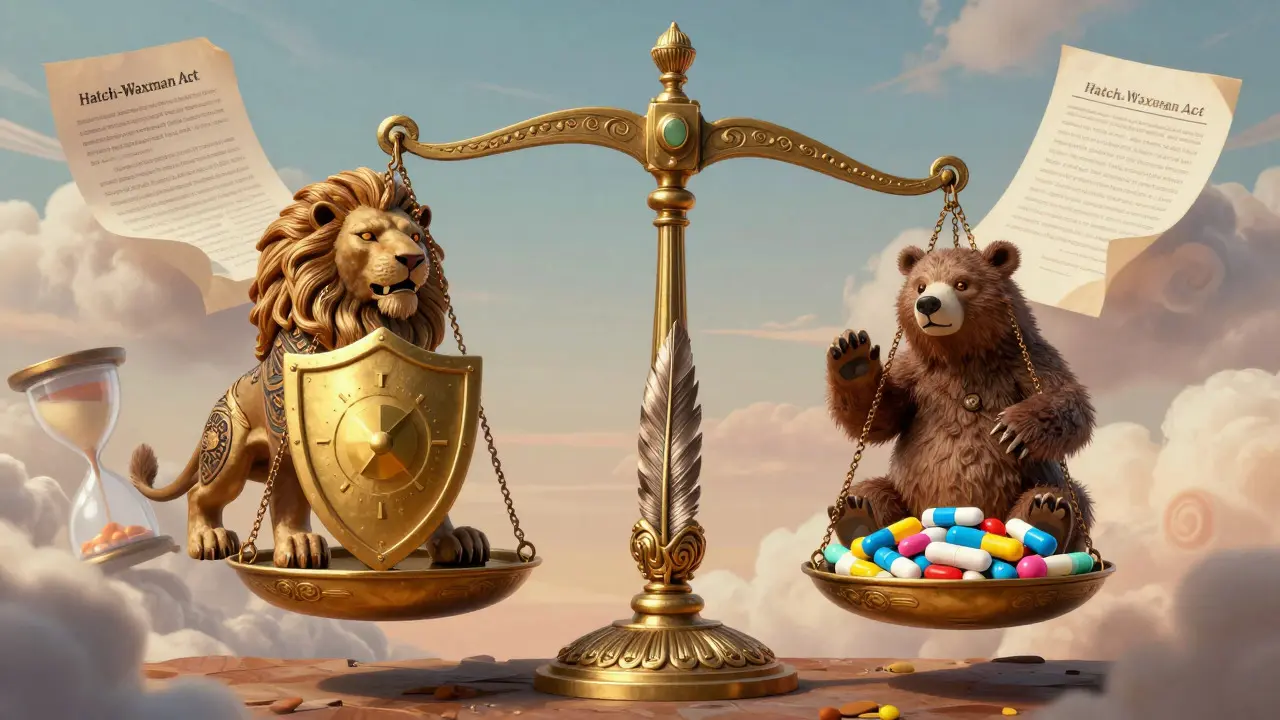 Mythical creatures holding a scale balancing patent protection with affordable medicine.