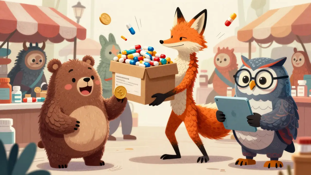 Playful alebrije monsters representing various online pharmacy services comparing prices
