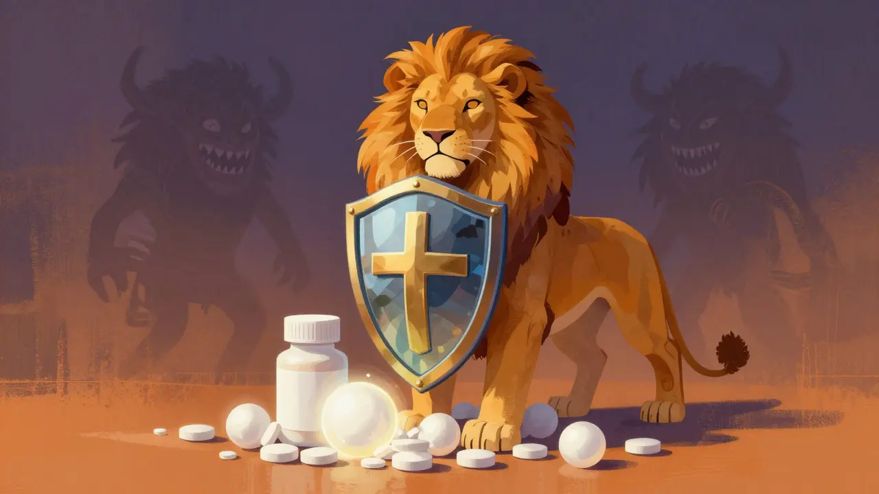 Protective alebrije lion guarding genuine medication against shadowy counterfeit threats