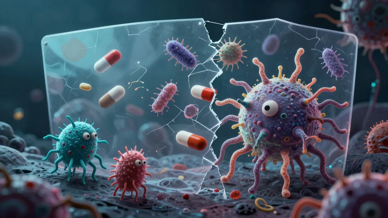 Surreal alebrije depiction of bacteria mutating and evolving behind a cracking antibiotic shield