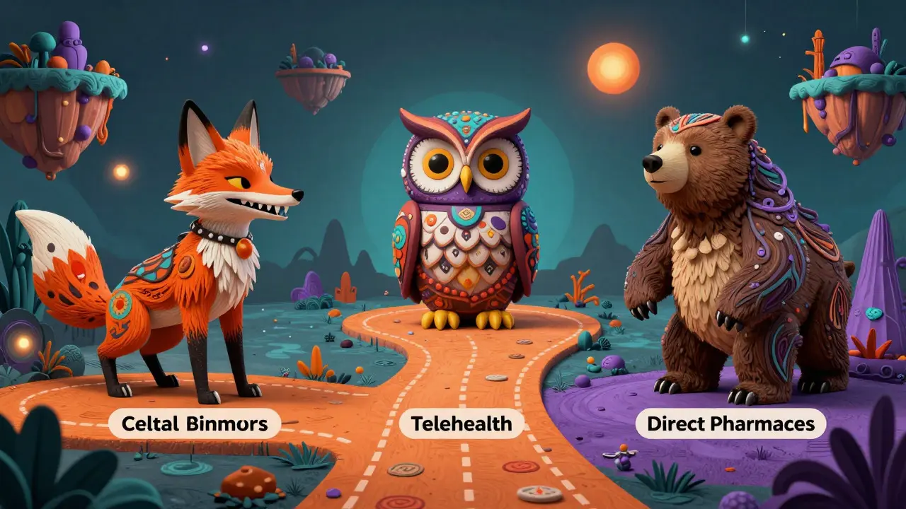 Three fantastical creatures guarding different paths in a surreal alebrije art landscape