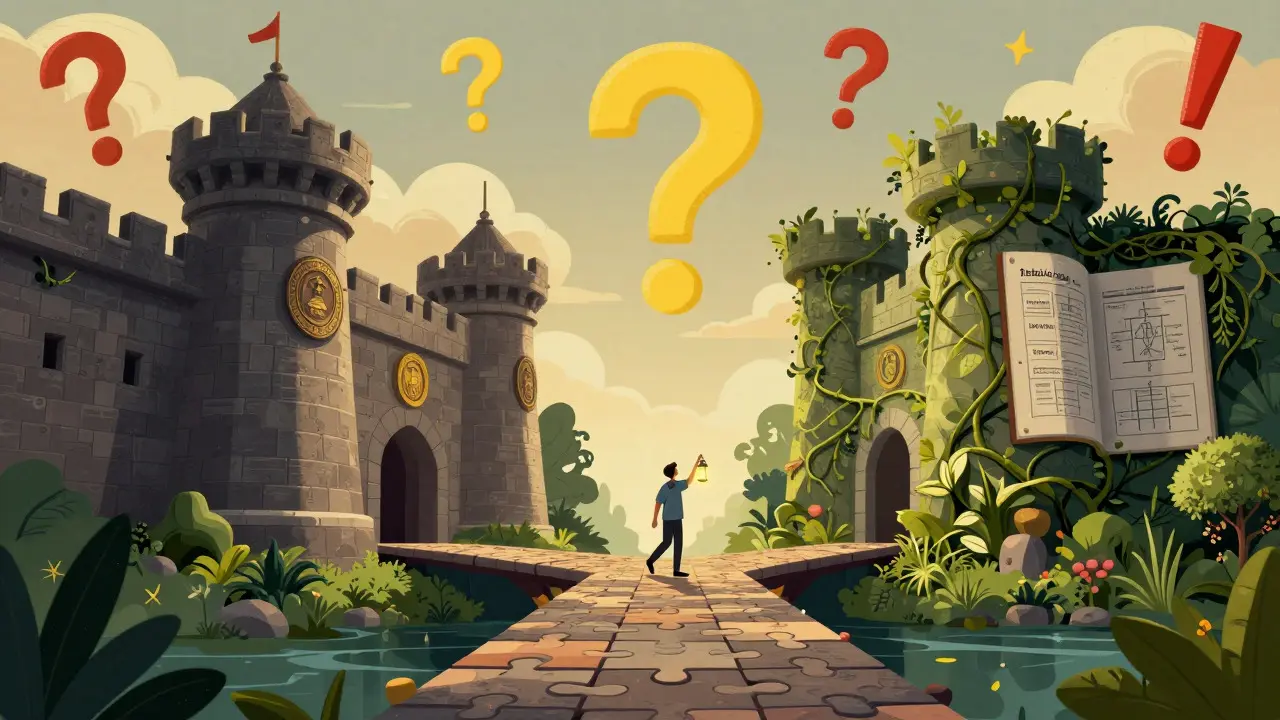 Two symbolic structures connected by a bridge with a person walking between them