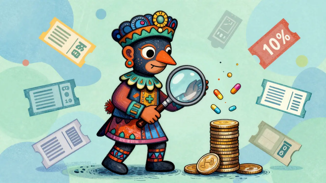 Whimsical alebrije figure examining coins and pills with a magnifying glass