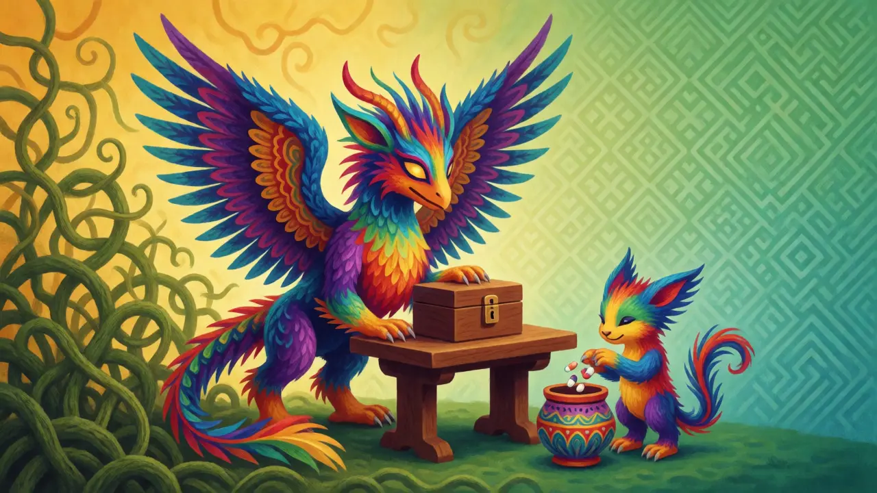 Alebrije guarding a lockbox while another disposes of meds