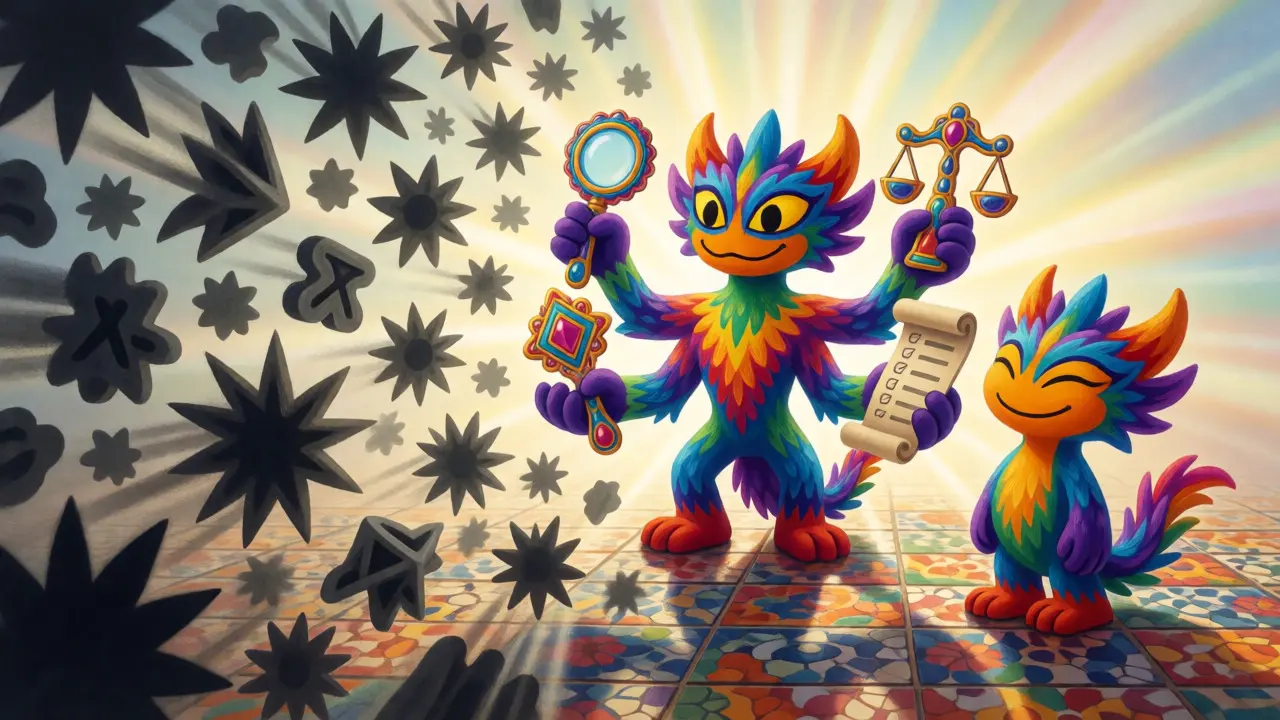 An alebrije guardian protecting a patient from dark, jagged shapes representing dispensing errors in a vibrant scene.
