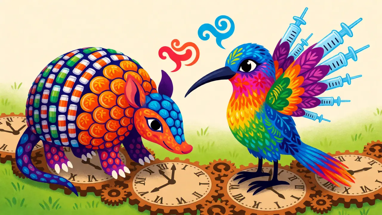 Fantastical creatures discussing medication timing on a gear-patterned path
