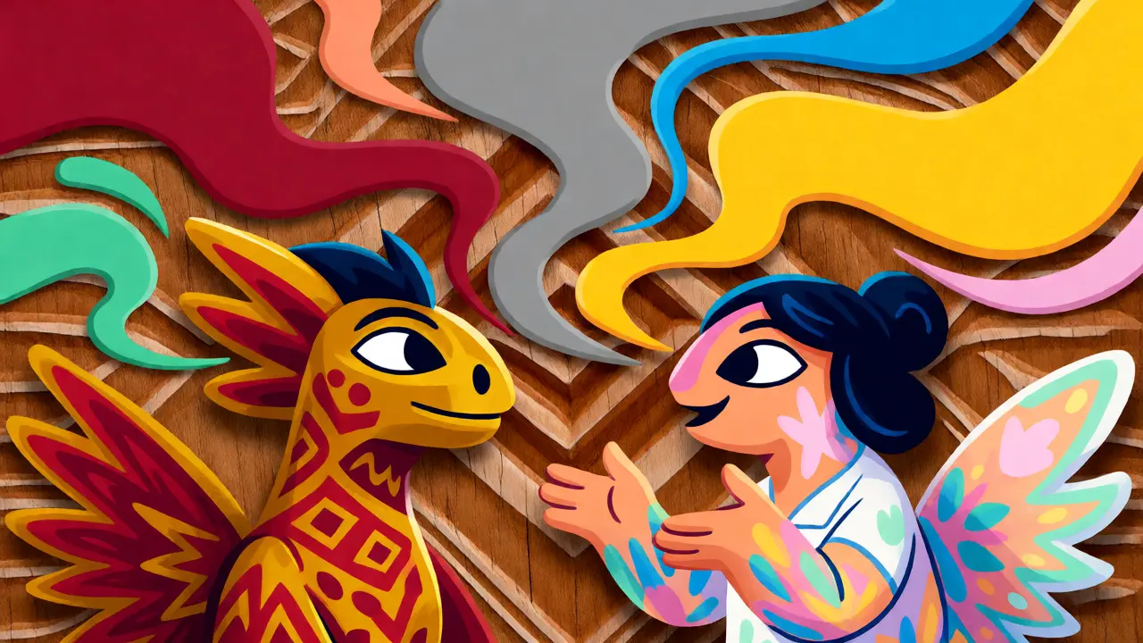 Two alebrije characters illustrating the teach-back method with colorful ribbons symbolizing clear communication.