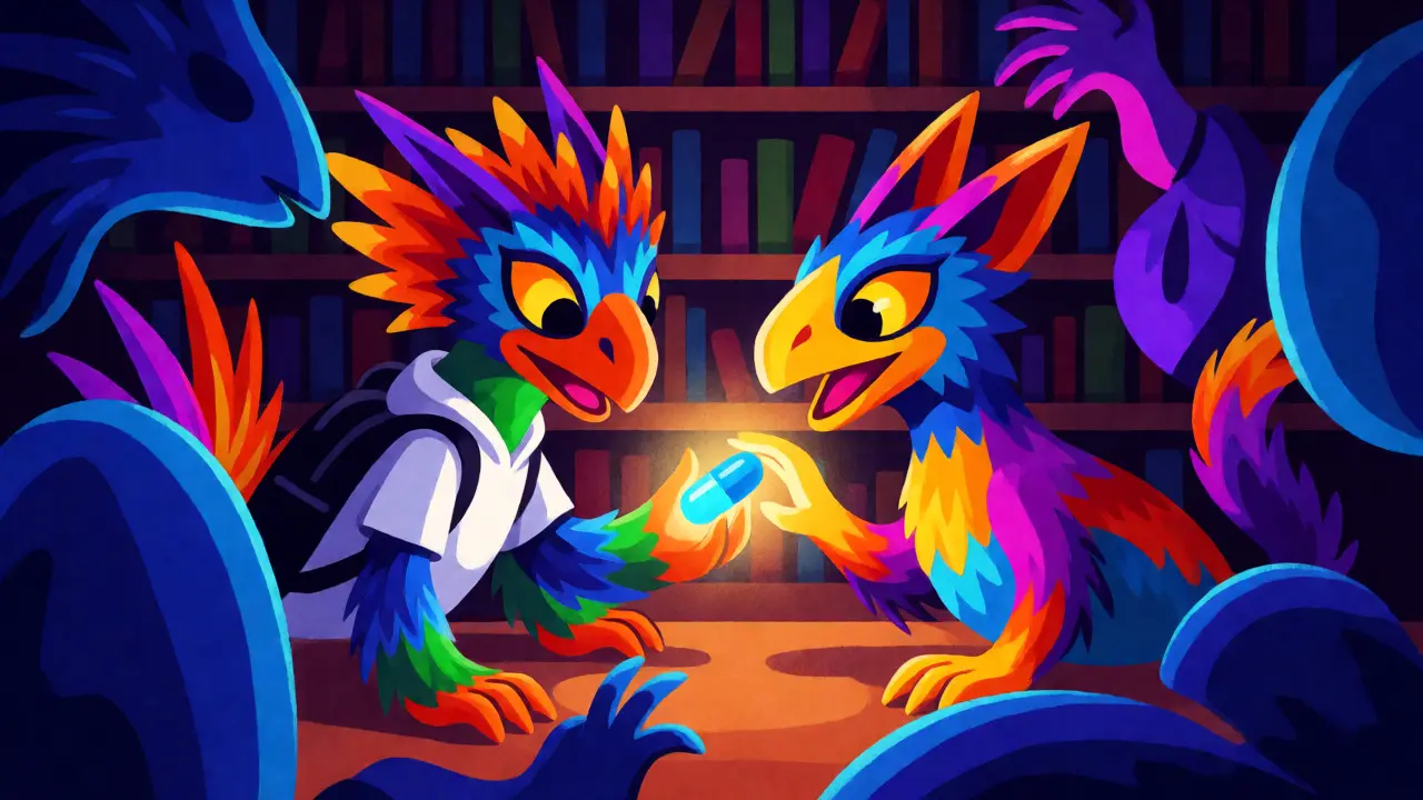 Two Alebrije creatures sharing a glowing pill in a library